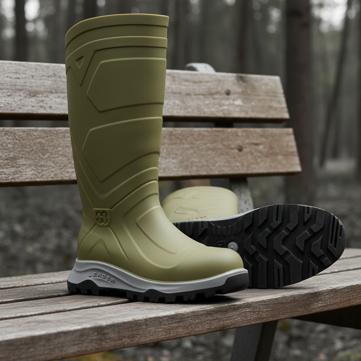 Green rubber boot with black sole on a wooden bench in a forest setting
