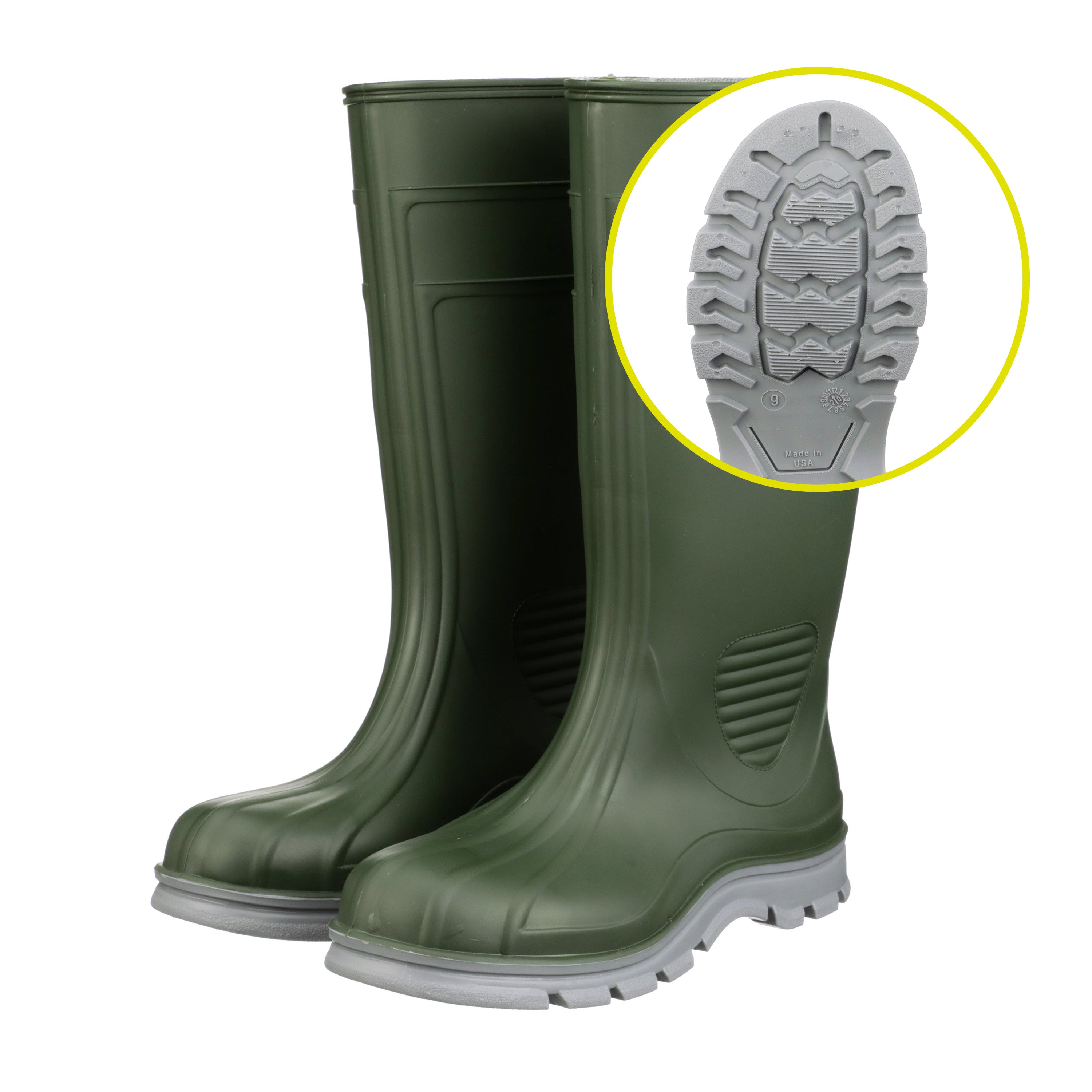 Men's Canadian-made Waterproof Fishing/Rain Boots with Non-Slip Outsole,  Green