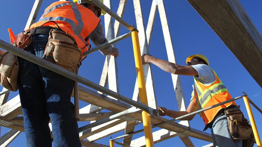 Two construction workers building a structure.