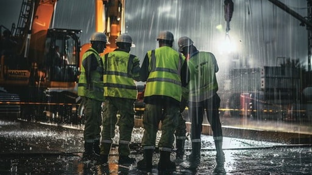 A group of construction workers speaking to each other in the rain.