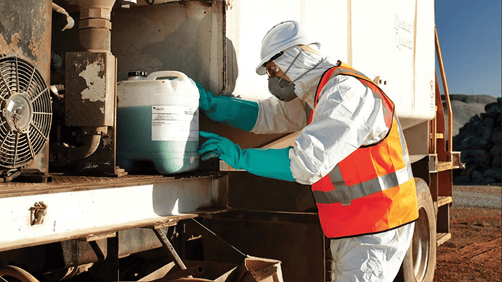 A construction worker reading the label of a jug of chemical solution.