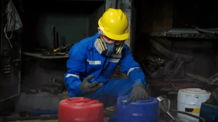 A construction worker opening a jug of chemical solution.