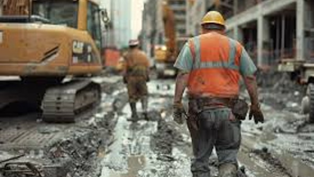 A construction worker walking through mud.