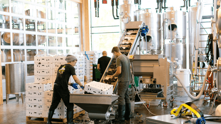 Factory workers loading product onto a conveyer belt.