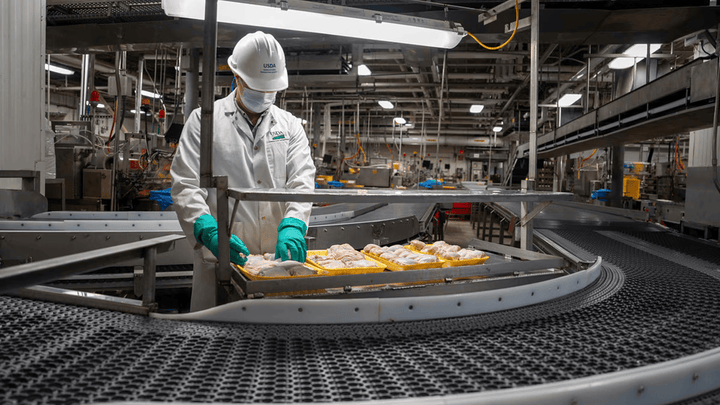 A factory worker sorting chicken.