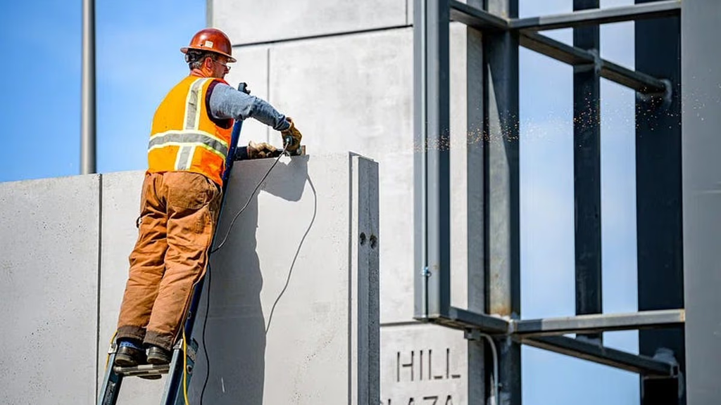 A construction worker using a tool on a concrete building.