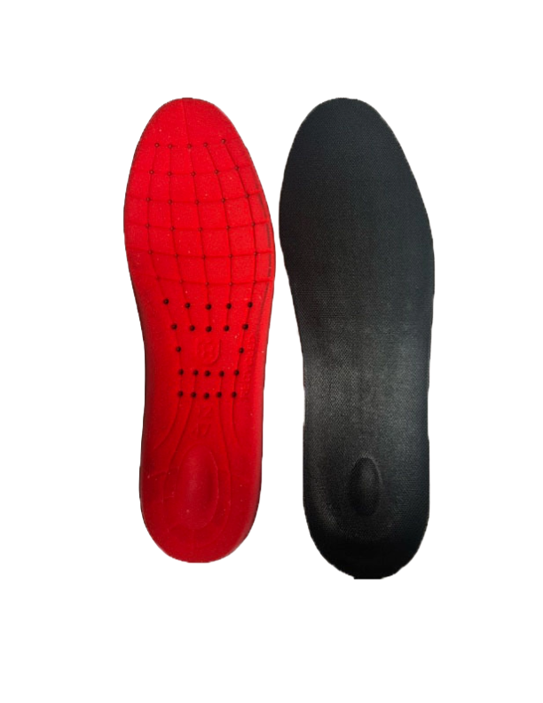 A picture of two insoles; one red and one black.